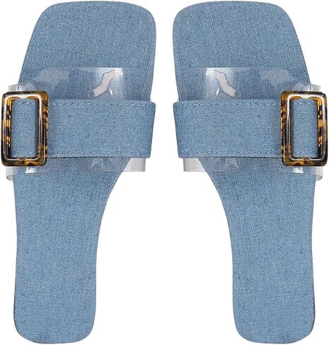 GORGLITTER Women's Denim Sandals Buckle Jean Flat Sandals Cute Clear Slip On Slide Sandals in Saudi Arabia