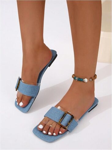 GORGLITTER Women's Denim Sandals Buckle Jean Flat Sandals Cute Clear Slip On Slide Sandals in Saudi Arabia