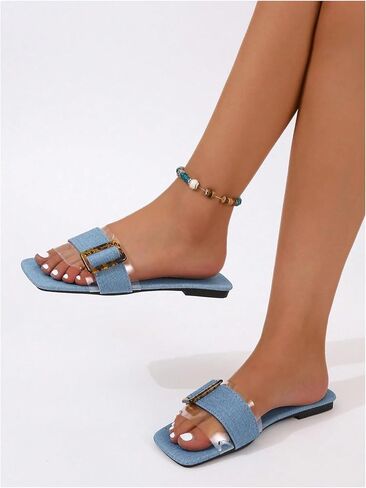 GORGLITTER Women's Denim Sandals Buckle Jean Flat Sandals Cute Clear Slip On Slide Sandals in Saudi Arabia