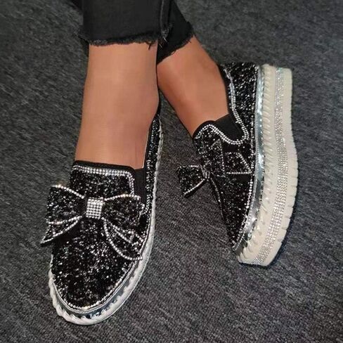 Women's Rhinestones Glitter Slip On Sneakers Cute Bowknot Flat Walking Loafers Platform Dress Shoes in Saudi Arabia