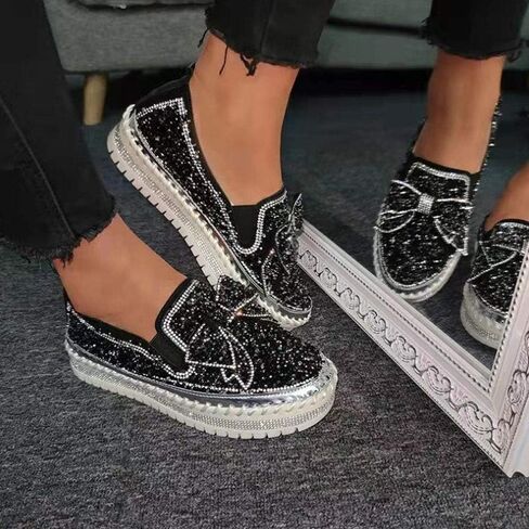 Women's Rhinestones Glitter Slip On Sneakers Cute Bowknot Flat Walking Loafers Platform Dress Shoes in Saudi Arabia