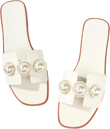 GORGLITTER Women's Faux Pearl Decor Cut Out Flat Sandals Summer Casual H-Band Slide Sandals in Saudi Arabia