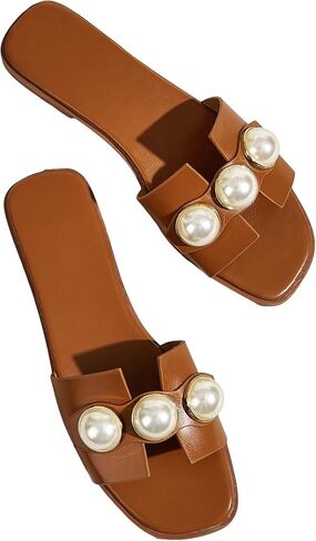 GORGLITTER Women's Faux Pearl Decor Cut Out Flat Sandals Summer Casual H-Band Slide Sandals in Saudi Arabia
