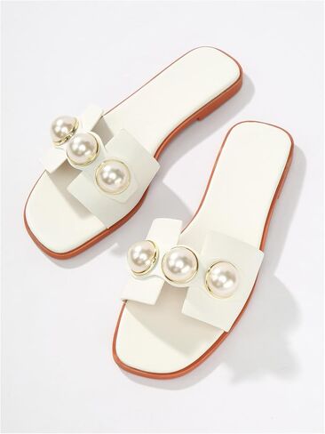 GORGLITTER Women's Faux Pearl Decor Cut Out Flat Sandals Summer Casual H-Band Slide Sandals in Saudi Arabia