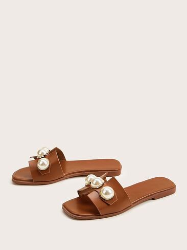 GORGLITTER Women's Faux Pearl Decor Cut Out Flat Sandals Summer Casual H-Band Slide Sandals in Saudi Arabia
