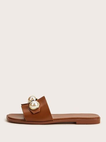 GORGLITTER Women's Faux Pearl Decor Cut Out Flat Sandals Summer Casual H-Band Slide Sandals in Saudi Arabia