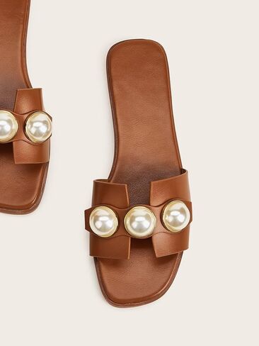 GORGLITTER Women's Faux Pearl Decor Cut Out Flat Sandals Summer Casual H-Band Slide Sandals in Saudi Arabia