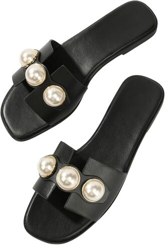GORGLITTER Women's Faux Pearl Decor Cut Out Flat Sandals Summer Casual H-Band Slide Sandals in Saudi Arabia
