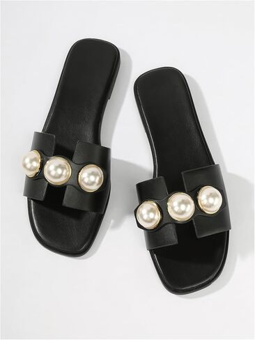 GORGLITTER Women's Faux Pearl Decor Cut Out Flat Sandals Summer Casual H-Band Slide Sandals in Saudi Arabia