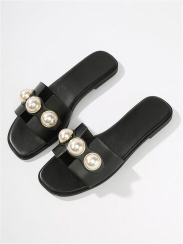 GORGLITTER Women's Faux Pearl Decor Cut Out Flat Sandals Summer Casual H-Band Slide Sandals in Saudi Arabia