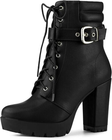 Allegra K Women's Platform Ankle Boots Lace Up Block Heels Combat Boots | Lace Up, Buckle, Zipper, Heel (3 7/8 Inches), Party, Halloween days, Christmas Days, Dating, Evening in Kuwait