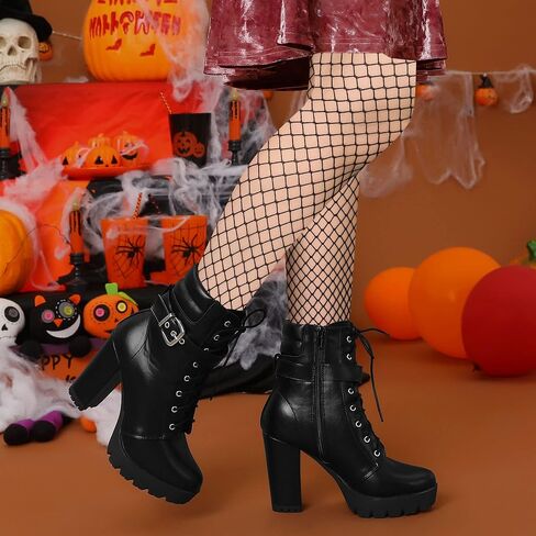 Allegra K Women's Platform Ankle Boots Lace Up Block Heels Combat Boots | Lace Up, Buckle, Zipper, Heel (3 7/8 Inches), Party, Halloween days, Christmas Days, Dating, Evening in Kuwait