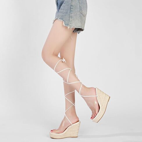 Womens Lace Up Espadrille Wedge Sandals Tie Up Strappy Platform Heels with Clear Straps Open Toe High Heel Wrap Sandals for Women Dressy in Saudi Arabia