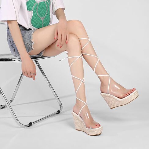 Womens Lace Up Espadrille Wedge Sandals Tie Up Strappy Platform Heels with Clear Straps Open Toe High Heel Wrap Sandals for Women Dressy in Saudi Arabia