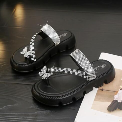 Women's Sparkly Sandals Summer Bling Rhinestone Butterfly Strappy Platform Casual Beach Thick Bottom Flip Flop in Saudi Arabia
