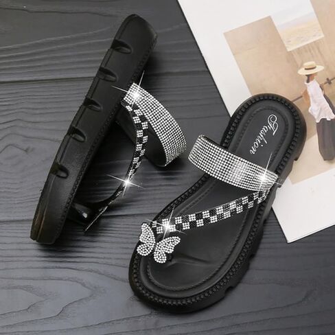 Women's Sparkly Sandals Summer Bling Rhinestone Butterfly Strappy Platform Casual Beach Thick Bottom Flip Flop in Saudi Arabia
