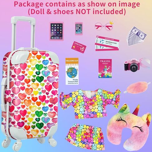 مجموعة لعب حقيبة سفر لدمية فتاة مقاس 18 بوصة من Ecore Fun 23 قطعة لدمية مقاس 18 بوصة، بما في ذلك حقيبة ملابس الدمى وحقيبة الظهر ووسادة الكاميرا ووسادة الرقبة للهاتف الخلوي ومجموعة السفر الأخرى in Kuwait