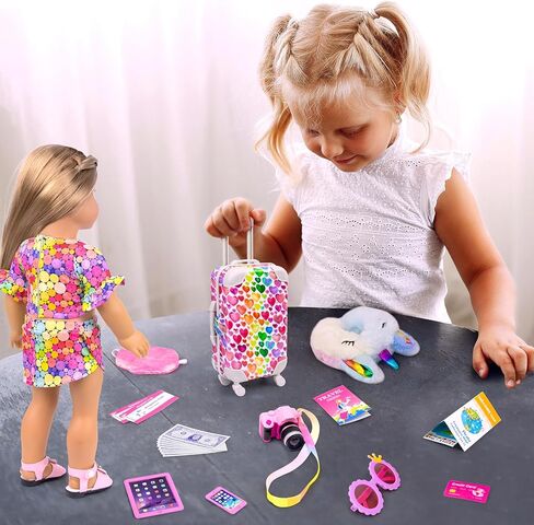 مجموعة لعب حقيبة سفر لدمية فتاة مقاس 18 بوصة من Ecore Fun 23 قطعة لدمية مقاس 18 بوصة، بما في ذلك حقيبة ملابس الدمى وحقيبة الظهر ووسادة الكاميرا ووسادة الرقبة للهاتف الخلوي ومجموعة السفر الأخرى in Kuwait