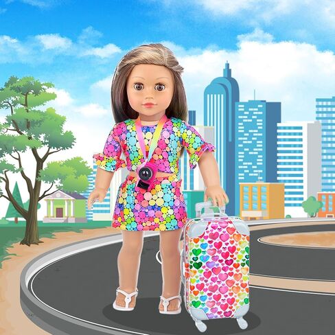 مجموعة لعب حقيبة سفر لدمية فتاة مقاس 18 بوصة من Ecore Fun 23 قطعة لدمية مقاس 18 بوصة، بما في ذلك حقيبة ملابس الدمى وحقيبة الظهر ووسادة الكاميرا ووسادة الرقبة للهاتف الخلوي ومجموعة السفر الأخرى in Kuwait