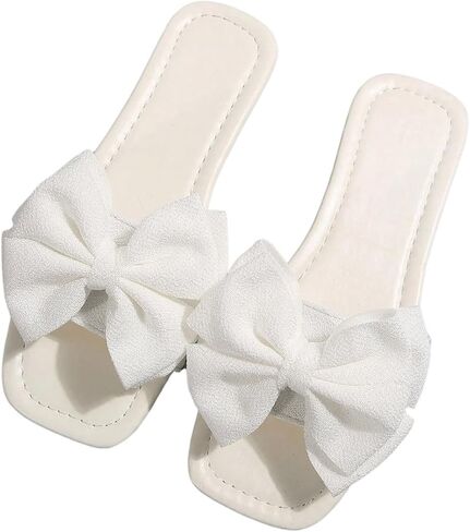 GORGLITTER Women's Bow Flat Sandals White Sandals Open Toe Slip On Slides Shoes in Kuwait