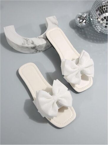 GORGLITTER Women's Bow Flat Sandals White Sandals Open Toe Slip On Slides Shoes in Kuwait