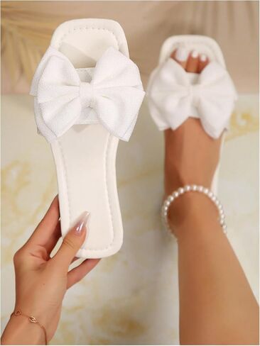 GORGLITTER Women's Bow Flat Sandals White Sandals Open Toe Slip On Slides Shoes in Kuwait