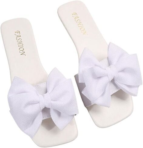 GORGLITTER Women's Bow Flat Sandals White Sandals Open Toe Slip On Slides Shoes in Kuwait