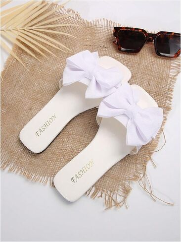 GORGLITTER Women's Bow Flat Sandals White Sandals Open Toe Slip On Slides Shoes in Kuwait