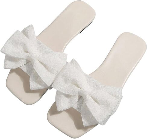 GORGLITTER Women's Bow Flat Sandals White Sandals Open Toe Slip On Slides Shoes in Kuwait