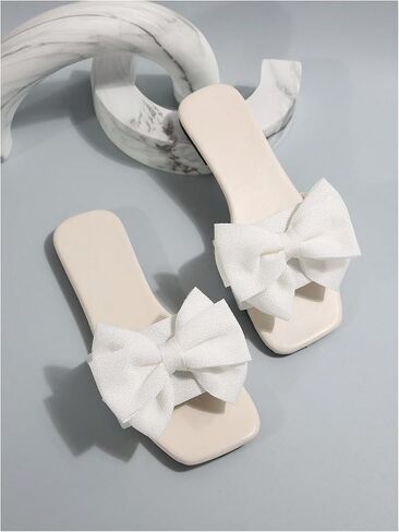 GORGLITTER Women's Bow Flat Sandals White Sandals Open Toe Slip On Slides Shoes in Kuwait