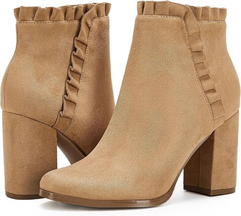 حذاء نسائي من Ermonn بكعب مكتنز للكاحل من الجلد السويدي الصناعي المكشكش للخريف والشتاء أحذية غربية in Kuwait