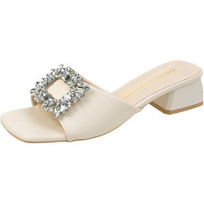 Women'S Leather square Rhinestone block heel Mules Sandals Fashion Square Open Toe Low Block Heel Slides Sandals For Party Wedding Dress Shoes