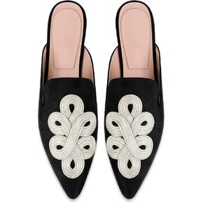 Tiuucoet Mules for Women Velvet Pointed Toe Comfortable Slip On Loafers Embroidery Flats Slippers
