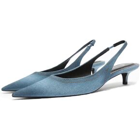 Women's Pointed Toe Slingback Kitten Heels Shoes,Comfortable Denim Low Heel Elastic Back Strap Sexy Slip On Walking Wedding Party Dress Pumps Shoes
