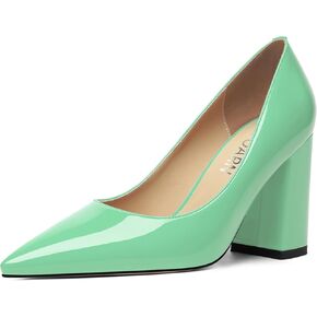 Womens Business Solid Dress Pointed Toe Slip On Patent Block High Heel Pumps Shoes 3.3 Inch