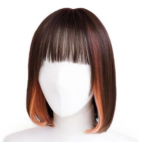 Synthetic Hair Inner Color Casual Bob Wig - Glueless, Heat-Resistant, Natural Crown & Comfortable Stretch Cap (Chocolate Brown & Coral Veil, M)