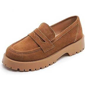 Women's Leather Lug Sole Penny Loafers Classic Round Toe Comfort Slip On Uniform Dress Shoes Casual Fashion Chunky Heel Work Shoes