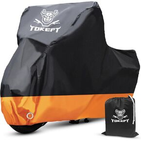 Motorcycle Cover, All-Season Waterproof Outdoor Sun Protection Fit up to 116 Inch Harley-Davidson Honda Suzuki Kawasaki Yamaha (XXXL black&orange)