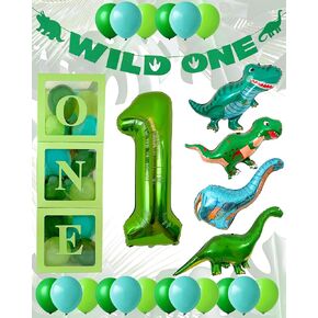 Wild One 1st Birthday Party Dinosaur Decorations for Boys First Year, Pre-Strung Banner, Letter Balloon Boxes, Foil T-rex Dino Themed & Number 1 Balloons, Decor Supplies Set Pack Bundle, Easy Setup