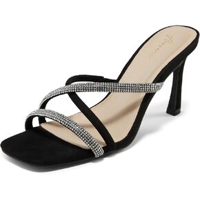 Arromic Women's Rhinestone Strappy High Stiletto Heels Square Open Toe Heeled Slip on Sandals Date Party Dress Wedding Sexy Crystal Straps Heels Shoes
