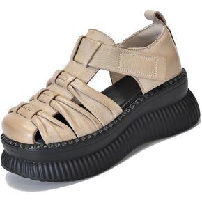 Women'S Genuine Leather Braid Platform Cutout Fisherman Sandals Fashion Adjustable Hook Loop Low-Top Round Closed Toe chunky Wedge Causal walking Roman Sandals