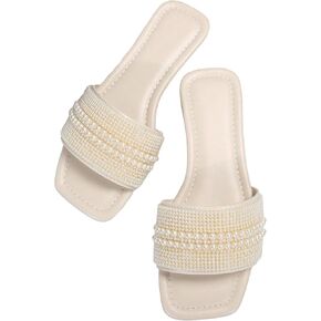 Verdusa Women's Pearls Open Toe Flat Sandals Slip One Slides Outdoor Sandals