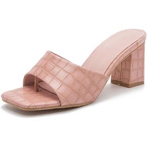 GATUXUS Women's Low Block High Heels Slides Sandals Crocodile Print Square Open Toe Slip On Dress Mule Shoes