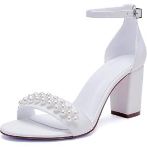 Open Toe Chunky Block Heels Satin Pearl Wedding Shoes for Bride High Heels Sandals Bridal Shoes Evening Prom Party Dress Shoes Pumps for Women