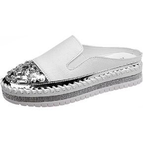 Women'S Rhinestone Platform Loafers Round Toe Flats,Slip-On Fashionable Low-Cut Casual Shoes with Increase Height,Comfortable Non-Slip Walking Shoes