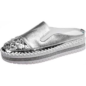 Women'S Rhinestone Platform Loafers Round Toe Flats,Slip-On Fashionable Low-Cut Casual Shoes with Increase Height,Comfortable Non-Slip Walking Shoes