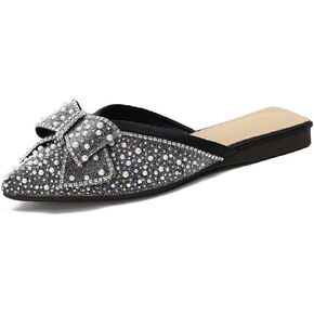 Rhinestone Bow for Women Flat Mules Pointed Toe Backless Slip On Mules Ladies Comfort Soft Sole Flat Loafer