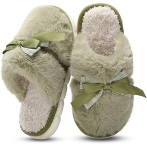 Womens Slippers Memory Foam House Slippers for Women, Fuzzy Plush Comfy Faux Fur Slippers with Butterfly Tie Anti-Skid House Shoes Indoor Outdoor