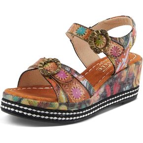Spring Step L'Artiste Women's FLAVOUR Fashion Wrapped Wedged Sandals | Hand-Painted Leather Accents, Hook and Loop Closure