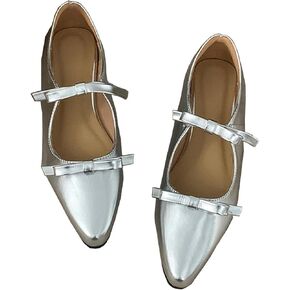 Women's Soft Leather Flat Mary Janes with Cute Bow Ankle Strap Sexy Pointed Toe Slip-On Ballet Flats Fashion Comfortable Lightweight Casual Dress Shoes